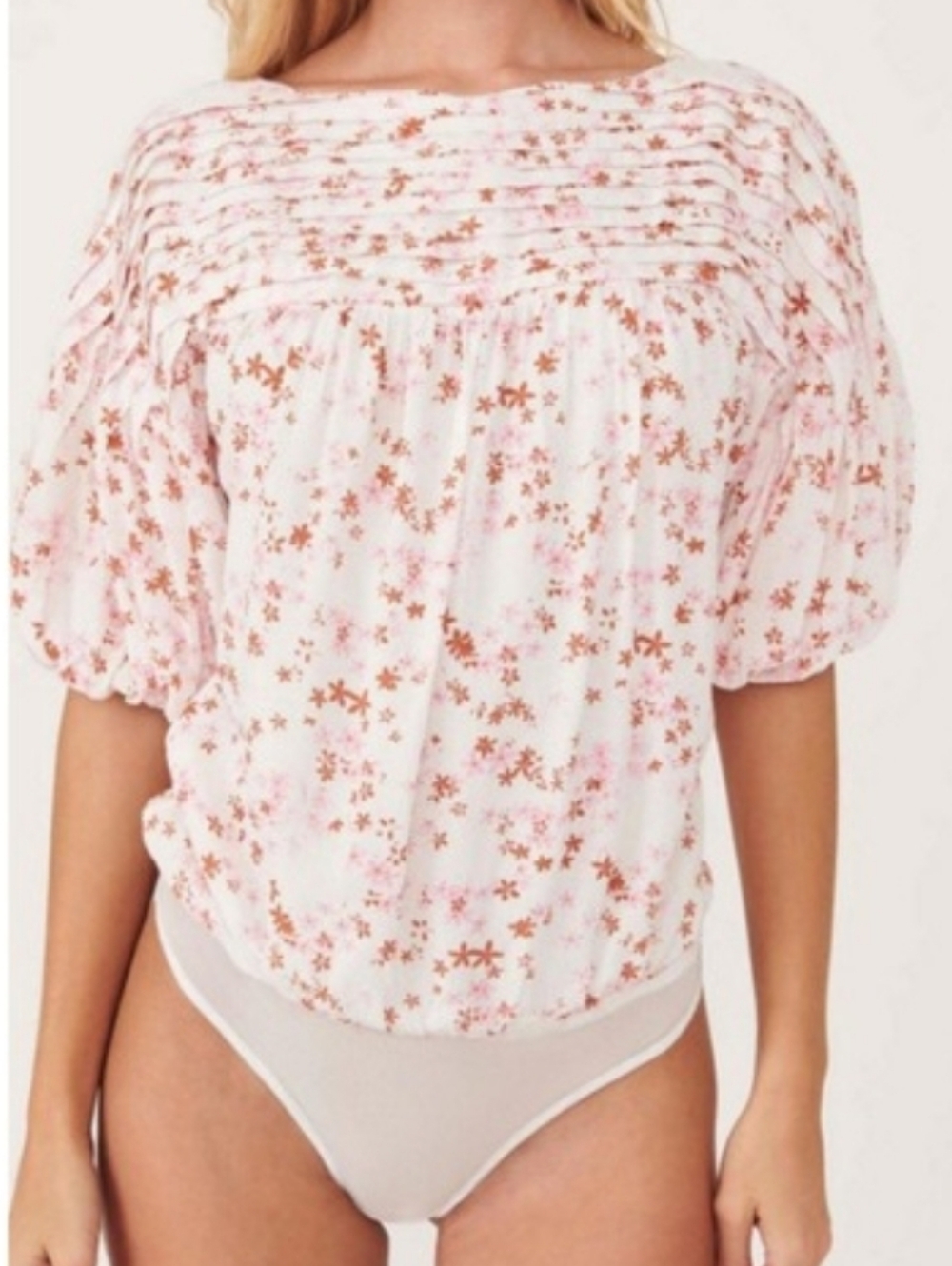 Intimately Free People Dessa White Pink  Floral Thong Bodysuit  Medium